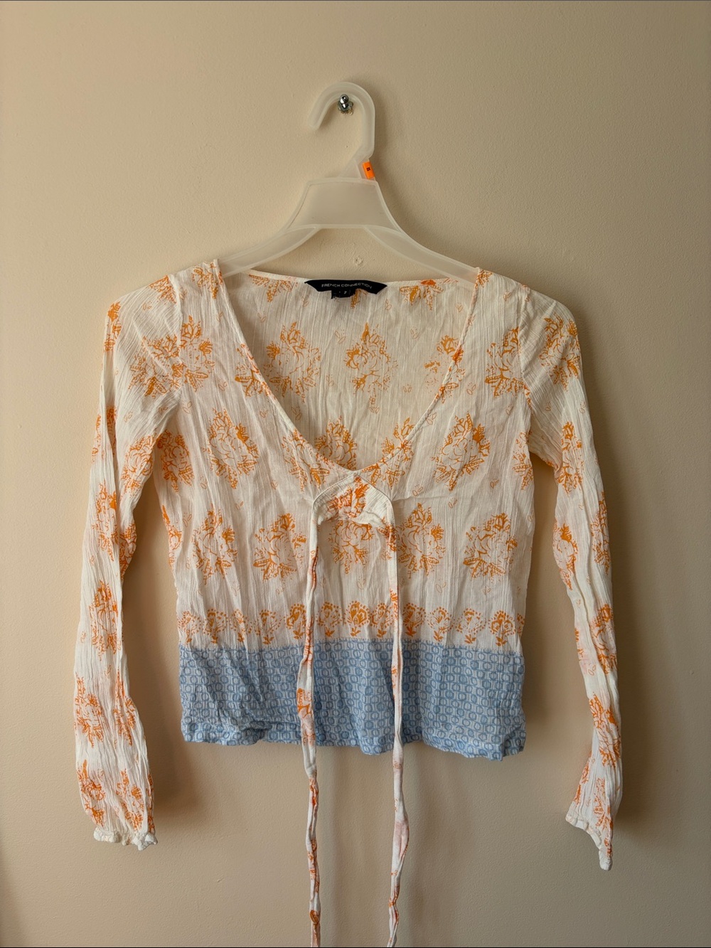 French Connection White Floral Tie-Front Crop Top with Blue Hem